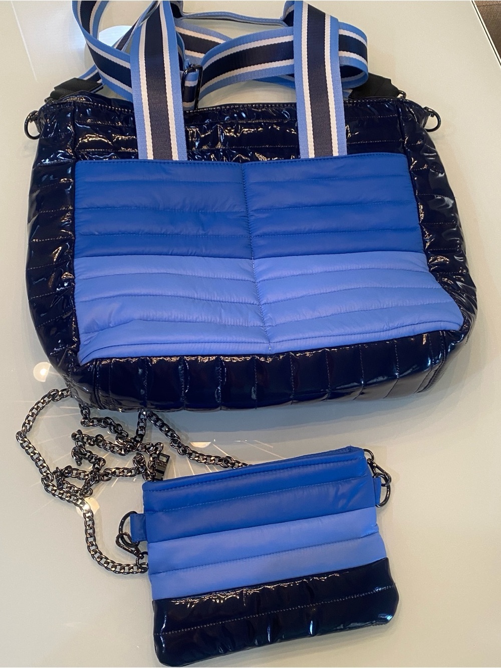Think Royln Blue Colorblock Quilted Tote & Chain Crossbody Pouch Set EUC